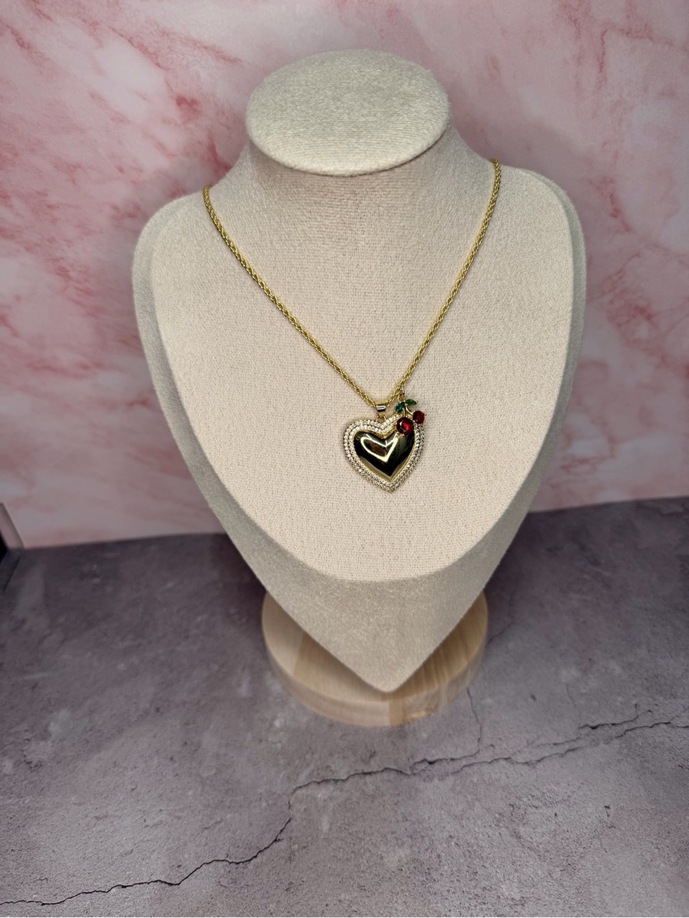 Gold Heart Pendant Necklace with Red and Green Accent